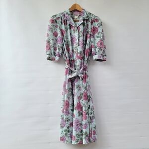 Vintage California Looks 70s Floral Shirt Dress Size Small Blue Pink House Dress